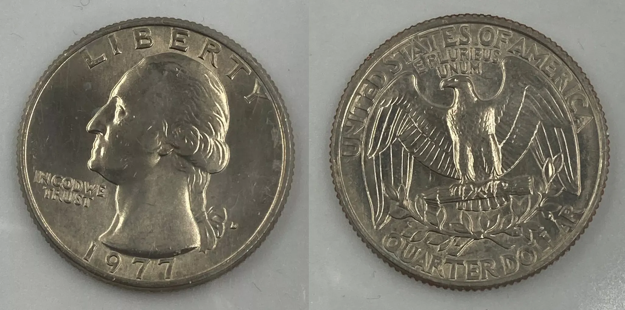 Obverse and reverse of the 1977 D Denver Bicentennial Quarter Dollar